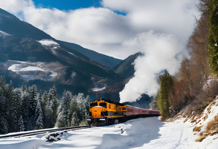 Steam locomotive on the background of snow-capped mountains.の素材