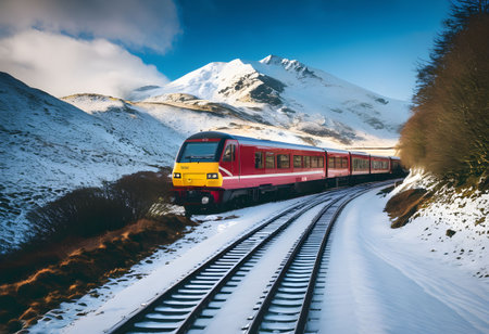 Train on the track in winter with snow covered mountains in the backgroundの素材