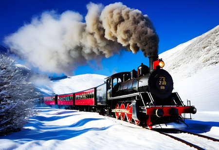 Steam locomotive on the background of snow-capped mountains.の素材
