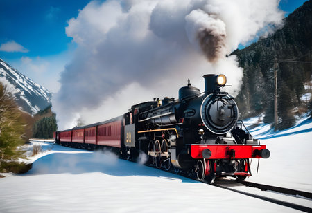 Steam locomotive on the background of snow-capped mountains.の素材