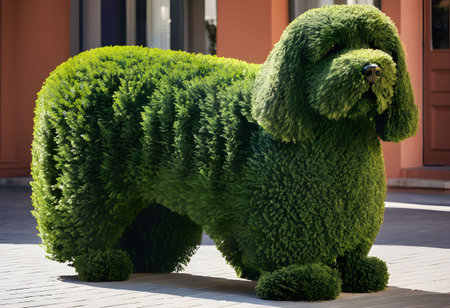 A dog made of green bushes in front of a house.の素材