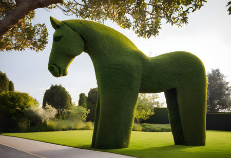 3d rendering of a horse made of green grass in a gardenの素材
