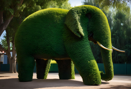Sculpture of an elephant made of green leaves in the parkの素材