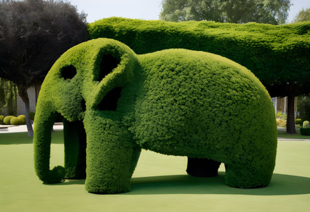 Sculpture of an elephant made of green leaves in the parkの素材