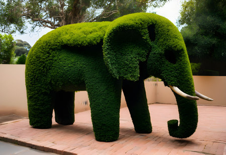 Sculpture of an elephant made of green leaves in the parkの素材