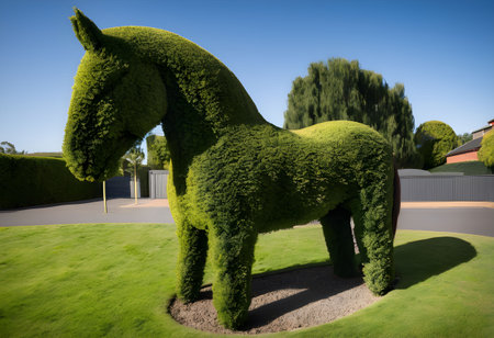 3d rendering of a horse made of green grass in a gardenの素材
