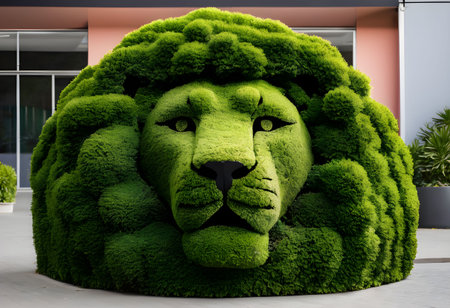 3D rendering of a lion sculpture made of grass in a public parkの素材