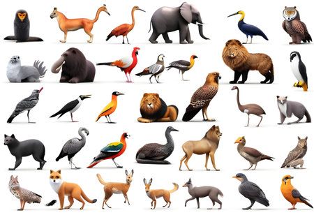 Wild animals collection isolated on white background. 3d rendering illustration.の素材