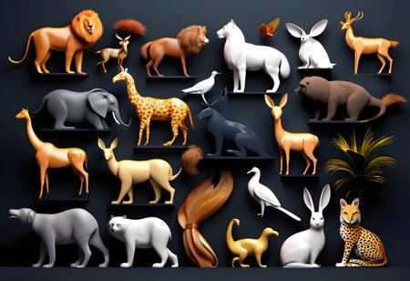 Set of African animals on black background. Realistic 3d vector illustration.の素材