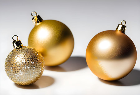 golden christmas balls hanging on white background with copy space.の素材