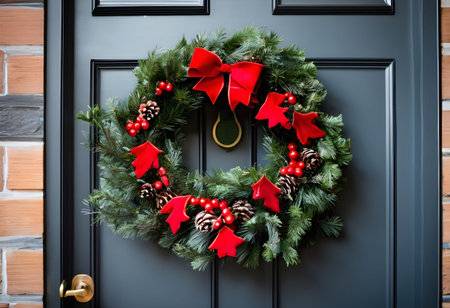 Christmas wreath on the door of a door. Christmas backgroundの素材