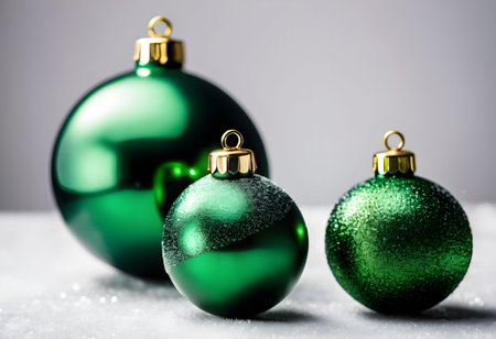 Green Christmas balls on white wooden table, closeup. Space for textの素材