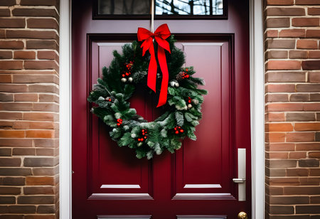 Christmas wreath on the door of a door. Christmas backgroundの素材