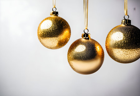 golden christmas balls hanging on white background with copy space.の素材