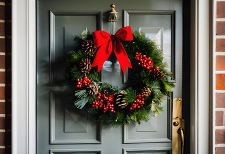Christmas wreath on the door of a door. Christmas backgroundの素材