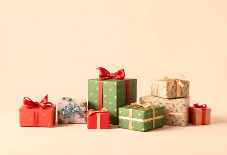Christmas gift boxes on a beige background. Christmas and New Year concept.の素材