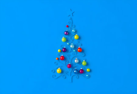 Christmas tree with baubles on blue background. 3d renderの素材