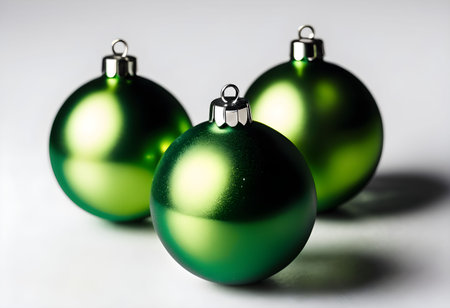 Green Christmas balls on white wooden table, closeup. Space for textの素材