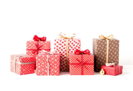 Christmas gift boxes on a beige background. Christmas and New Year concept.の素材