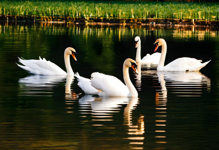 Beautiful white swans swimming on the lake at sunset. Colorful autumn landscape.の素材