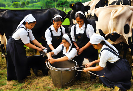 Maids milking a cowの素材