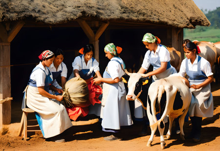 Maids milking a cowの素材
