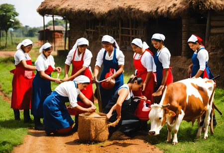 Maids milking a cowの素材