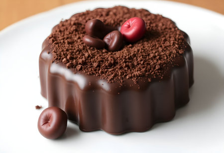 Chocolate cake on a plate with flowers on a wooden table.の素材
