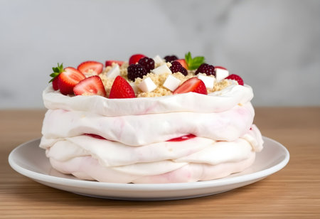 Delicious strawberry cake on wooden table, closeup. Delicious dessertの素材
