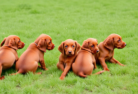 Red Setter puppies sitting on the grass in the gardenの素材
