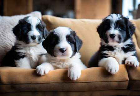 Three cute puppies of Australian Shepherd lying on the sofa at home.の素材