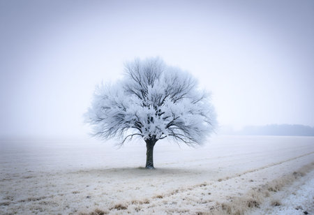 Trees covered with hoarfrost in winter forest, closeup of photoの素材