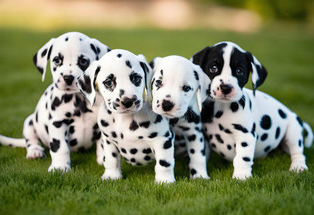 Adorable dalmatian puppies playing outdoors in the grass.の素材