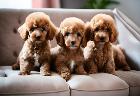 Adorable miniature poodle puppies on sofa at home, closeupの素材
