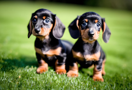 image of two dachshund puppies on green grass background.の素材