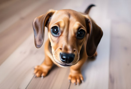 Dachshund puppy with blue eyes on a wooden floor.の素材