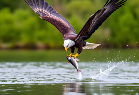 Bald Eagle (Haliaeetus leucocephalus) flying above the waterの素材