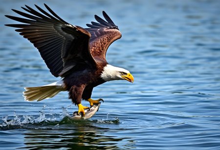 Bald Eagle (Haliaeetus leucocephalus) flying above the waterの素材