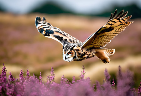 Beautiful portrait of a beautiful eagle owl flying in the air over blooming lavender fieldの素材