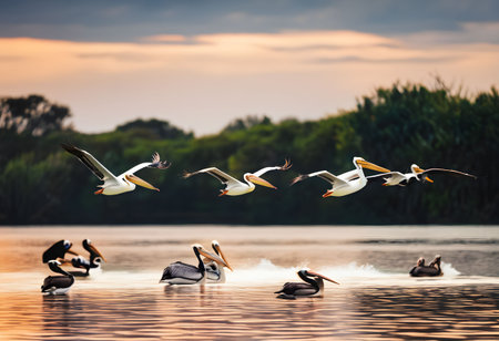 A group of Pelicans in flightの素材