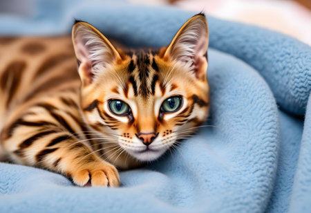 Cute bengal kitten lying on blue knitted blanket.の素材