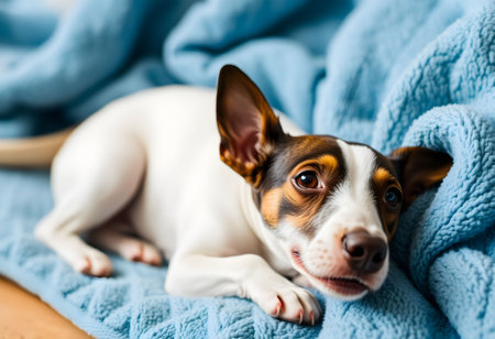 Portrait of a Jack Russell Terrier dog on a blue blanket.の素材