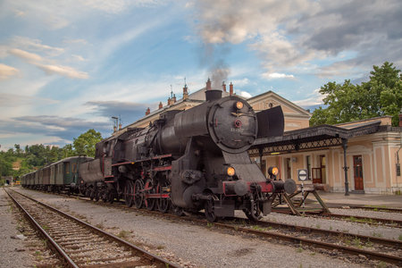 Old steam locomotive at the railway station in the town of Nova Gorica, Slovenia.