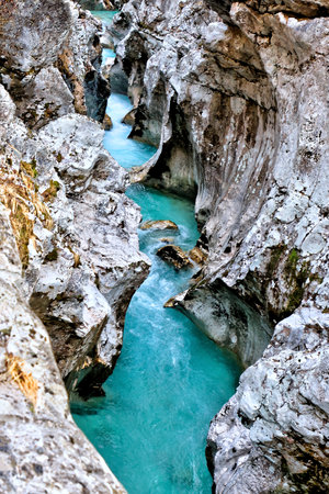 Mountain river SoÄa in Slovenia, Large gorges of Soca river.の写真素材