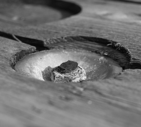 Bolt and nut fixing of wood in black and white