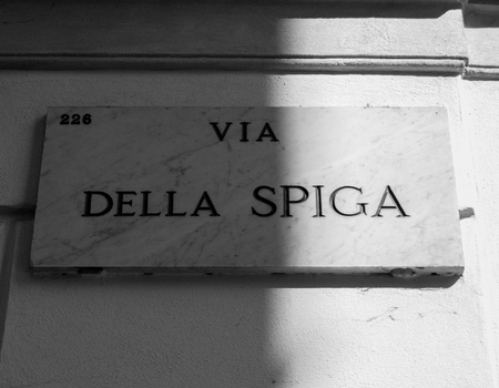 Municipal marble plaque engraved with the writing of Monte Napoleone street in Milan - Italyの写真素材