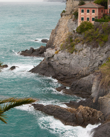 View of overhang  of Camogli with a typical houseの写真素材