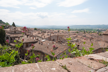 View from Ducal palace called Town Hall of medieval city of Gubbio and hills aroundの写真素材