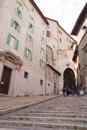 Uphill steps path to the Cornea door in Perugia cityの写真素材