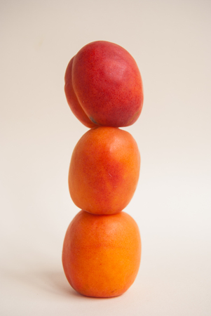 Stack of three whole and fresh apricots balanced on top of each otherの写真素材